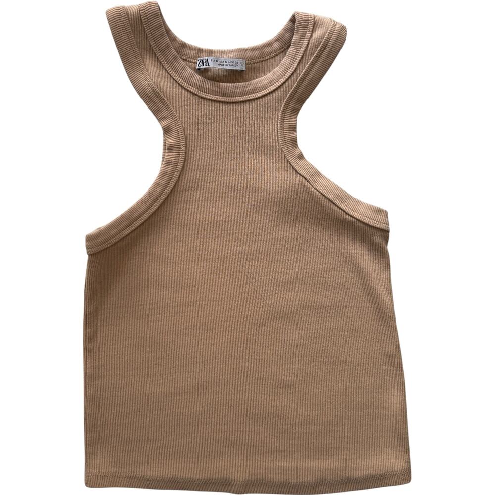 ZARA ribbed racerback tank top beige fitted cropped minimalist